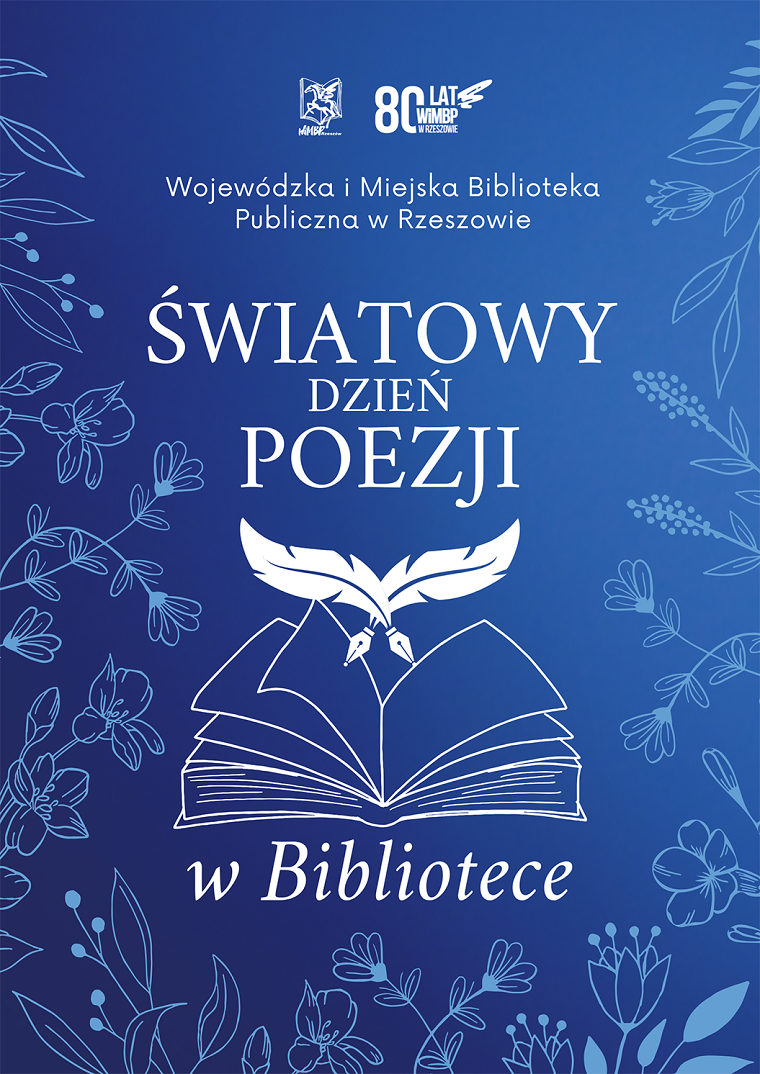 Grafika z otwartą książką i motywami kwiatowymi dookoła
