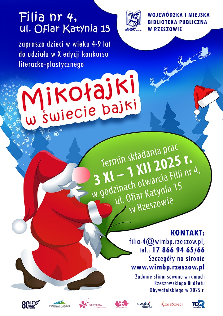 Plakat z Mikołajem niosącym wielki worek