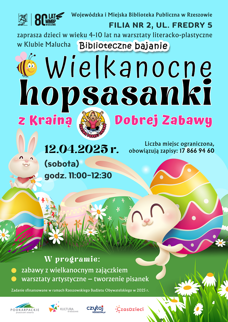 Grafika z zajączkami i kolorowymi pisankami