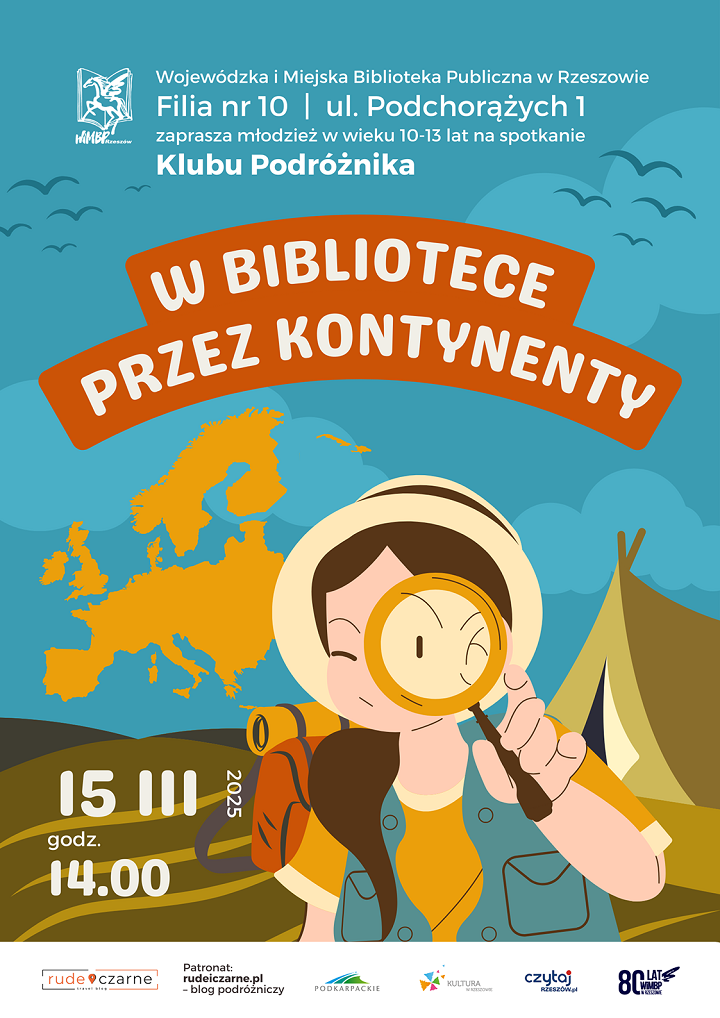Dziewczynka z plecakiem i lupą w kapeluszu. Za nią namiot, pagórki i mapa świata. 