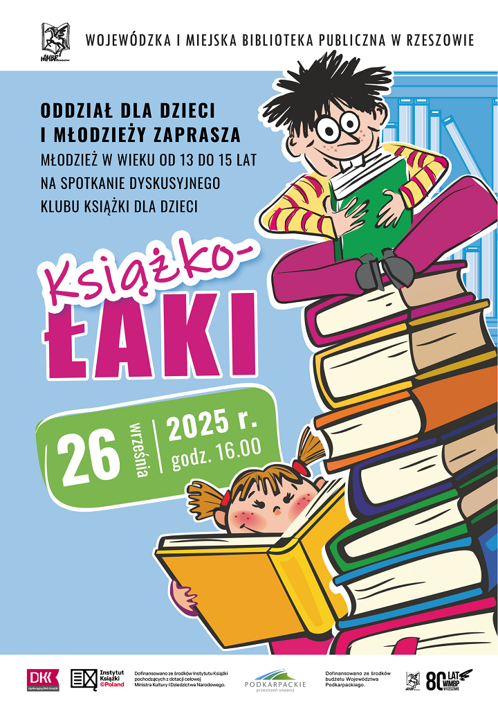 Stos książek, dziewczynka i chłopiec z książkami w ręku. 