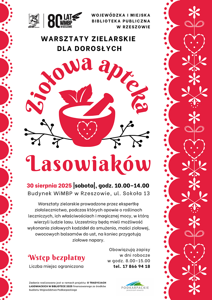 Wzory ludowe po bokach plakatu. W środku naczynie i gałązki. 