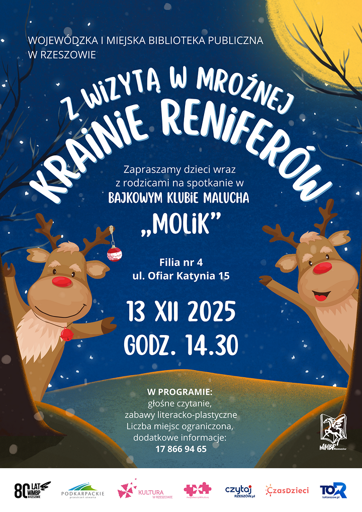 Dwa wesołe renifery na tle gwieździstego nieba. 