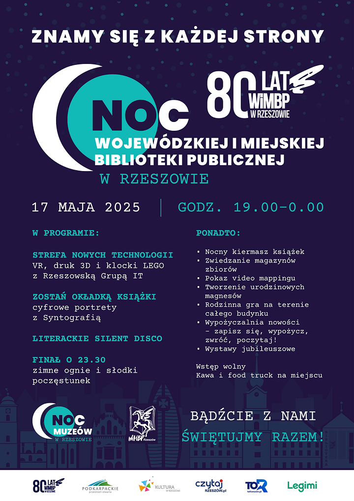 Plakat z programem wydarzenia. W tle budynki Rzeszowa i gwieździste niebo. 