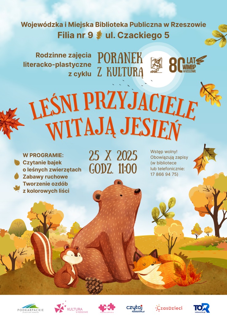 Niedźwiadek, lisek i wiewiórka wśród jesiennych drzew.