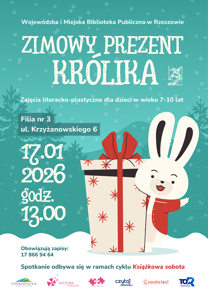 Kr&oacute;lik z&nbsp;dużym prezentem w&nbsp;zimowej scenerii. 