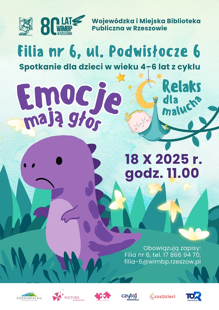 Fioletowy dinozaur. Powyżej na księżycu śpiący niemowlak.