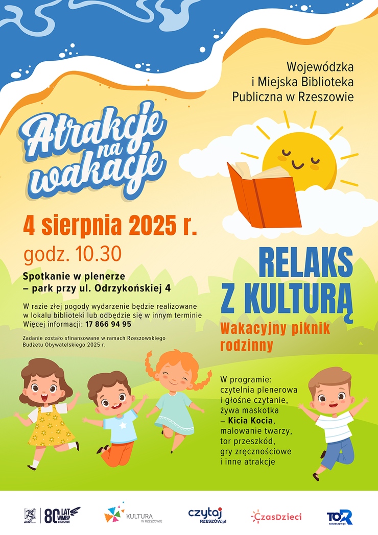 Grupa dzieci na łące, na niebie słońce czytające książkę