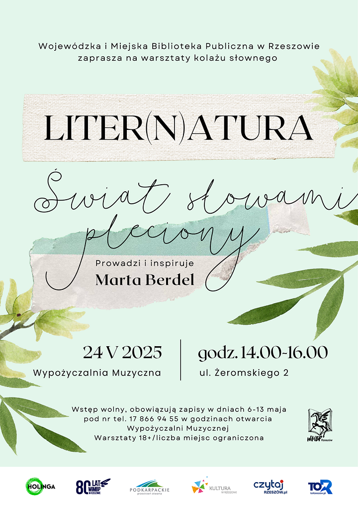 Plakat z zielonymi listkami i kartkami papieru. 