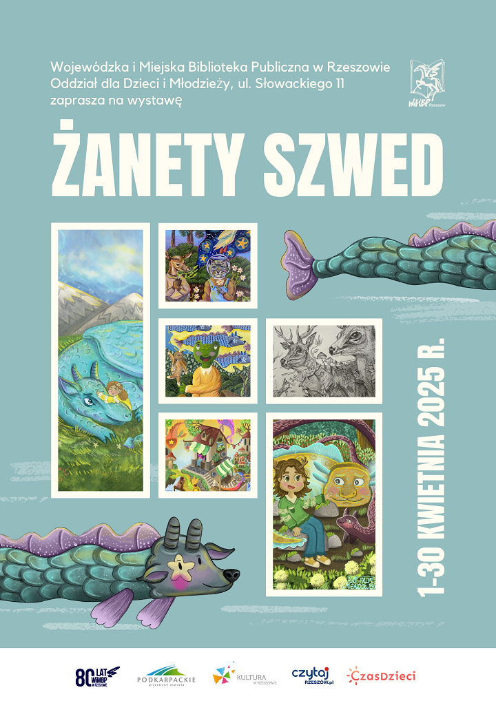 Plakat z kilkoma grafikami ilustracji bajek dla dzieci. 