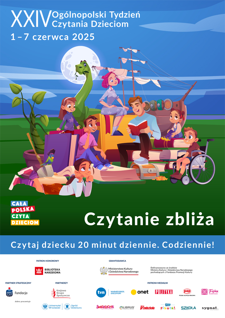 Rysunkowe postacie dzieci i dorosłych siedzą na trawie i czytają wspólnie