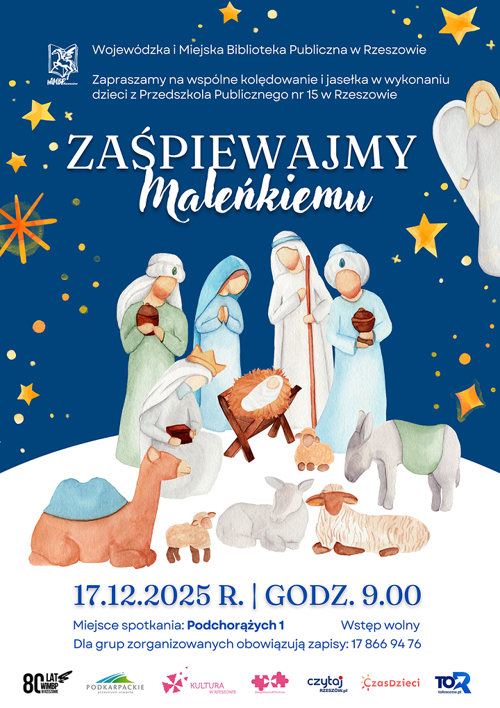 Plakat przedstawia szopkę z rodziną Jezusa, trzema królami, zwierzętami oraz aniołem. 