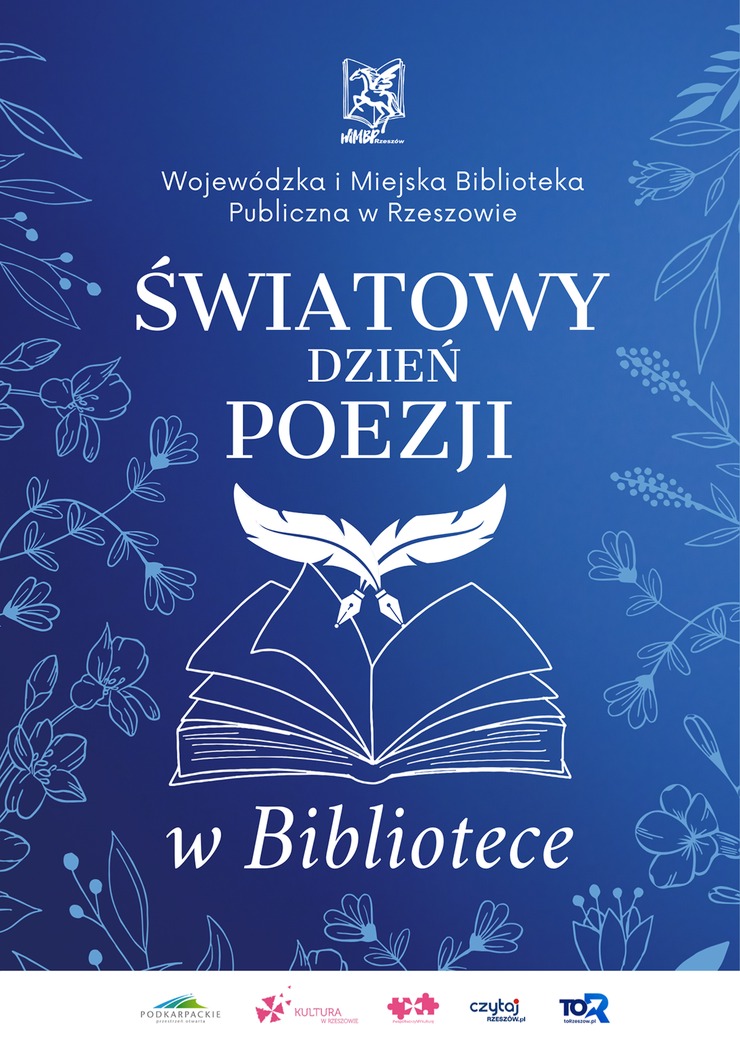 Otwarta książka, nad nią skrzyżowane dwa pi&oacute;ra, wok&oacute;ł kwiaty