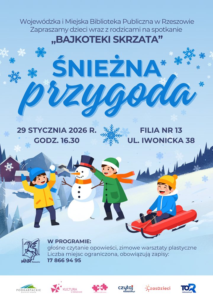 Plakat z&nbsp;kolorowymi postaciami dzieci zjeżdżającymi na&nbsp;sankach i&nbsp;lepiącymi bałwana