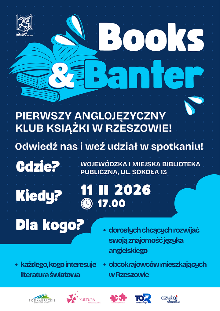 Na plakacie stosik książek i&nbsp;chmury. 