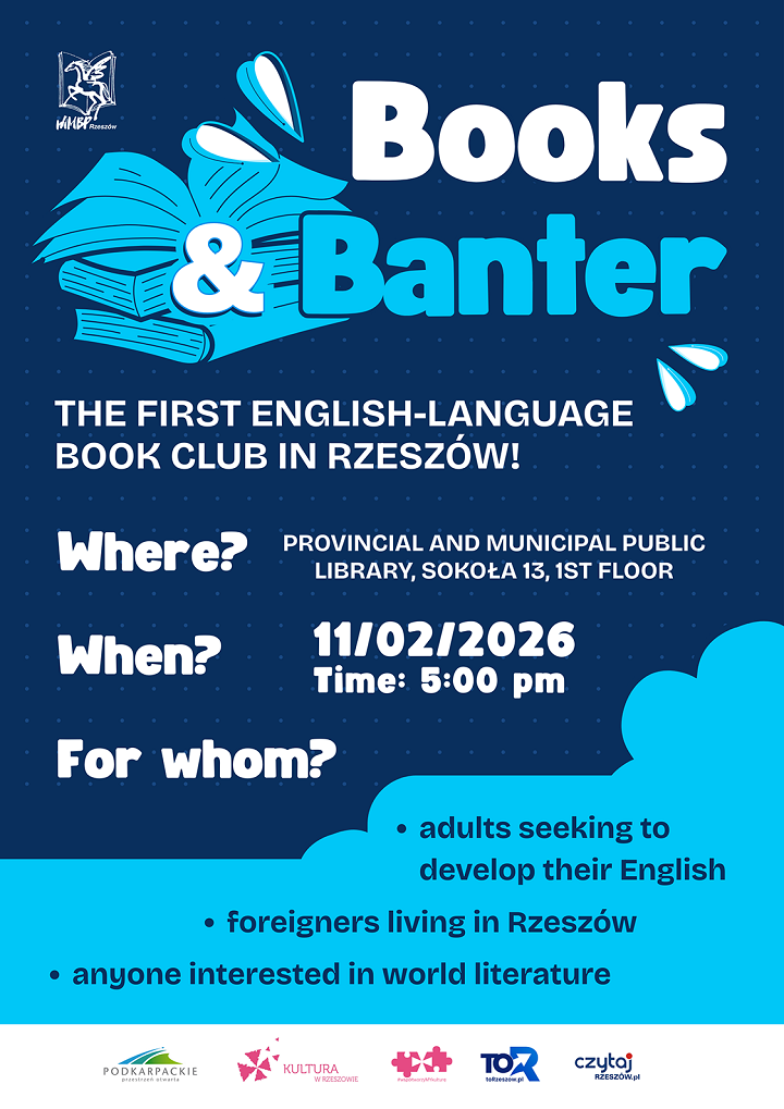 Na plakacie stosik książek i&nbsp;chmury. 