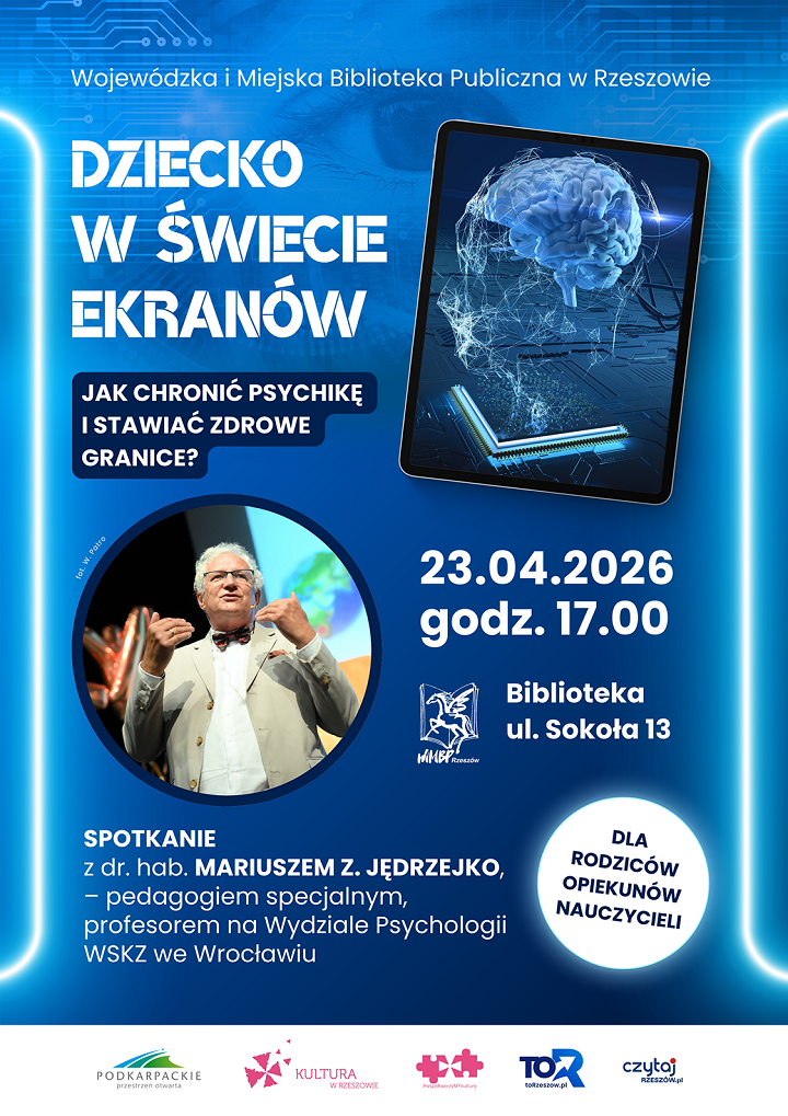 Plakat zawierający zdjęcie prelegenta oraz&nbsp;rysunek tabletu