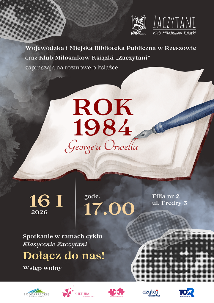 Plakat z&nbsp;widoczną otwartą książką oraz&nbsp;spoglądającymi na&nbsp;patrzącego oczami