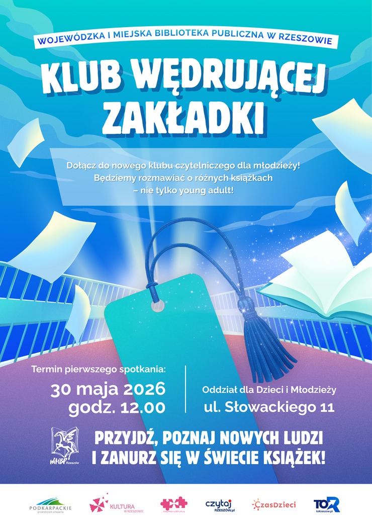 Zakładka, wok&oacute;ł latające kartki papieru i&nbsp;książka.