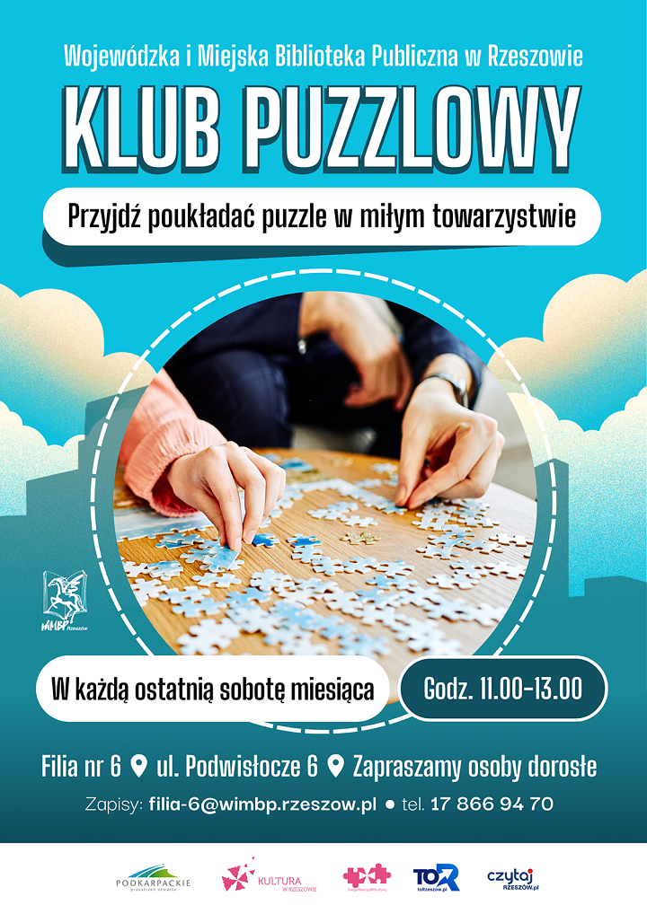 Plakat z&nbsp;grafiką przedstawiającą blat stołu, rozsypane puzzle i&nbsp;dłonie układających je os&oacute;b