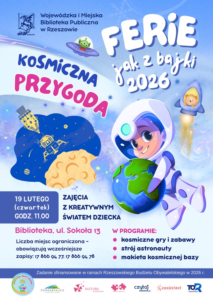 Kosmonauta trzyma w&nbsp;objęciach ziemię, obok rakieta