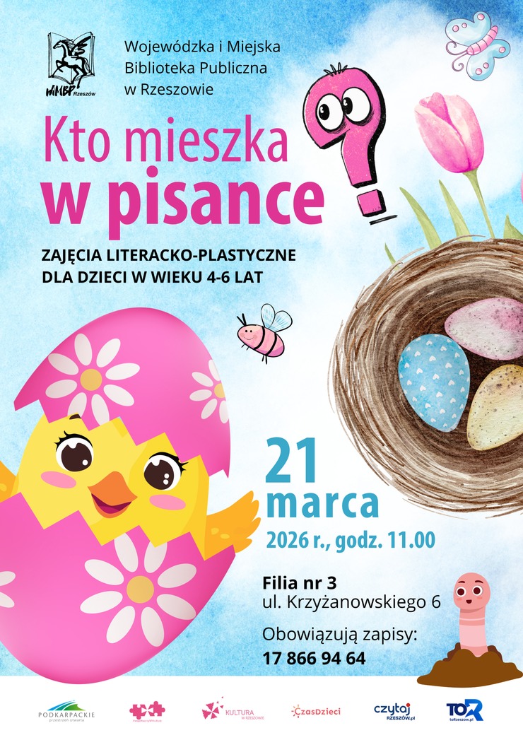 W gniazdku pisanki, obok kurczak wykluwający się z&nbsp;jajka, poniżej dżdżownica.