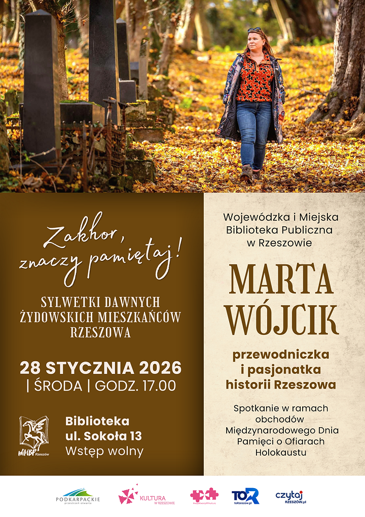 Plakat ze zdjęciem młodej kobiety idącej cmentarną aleją po kolorowych liściach