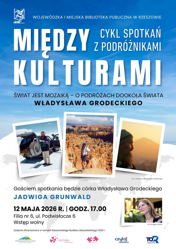 Na plakacie cztery fotografie. Mężczyzna z&nbsp;brodą w&nbsp;podr&oacute;ży oraz&nbsp;młoda kobieta. 