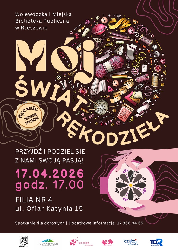 Ręce z&nbsp;igłą podczas wyszywania, powyżej symbole związane z&nbsp;rękodziełem: guziki, nici, wł&oacute;czka