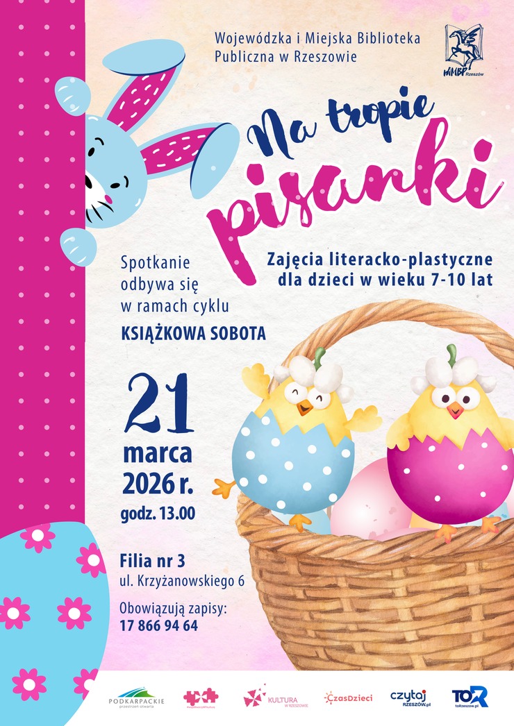 Koszyk z&nbsp;pisankami i&nbsp;dwoma pisklakami, powyżej głowa zająca