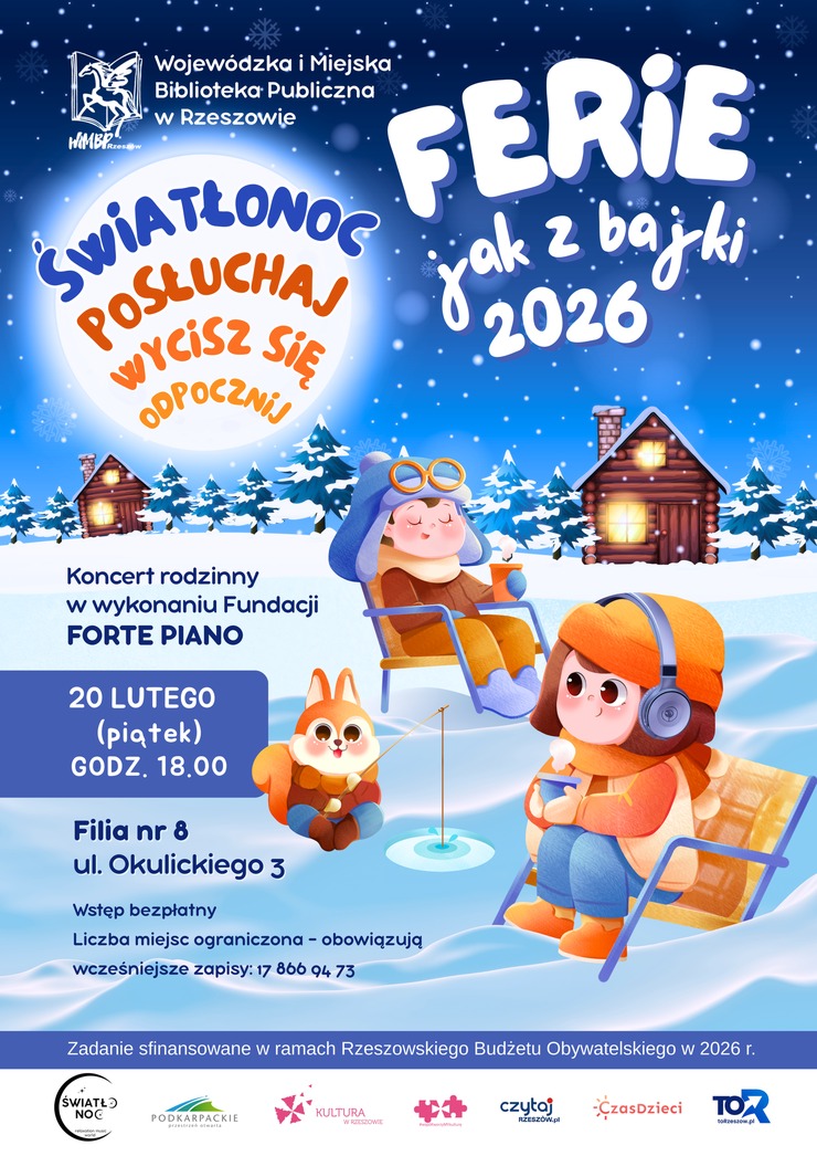 Na leżakach dwie postacie z&nbsp;kubkami w&nbsp;dłoniach, obok wiewi&oacute;rka z&nbsp;wędką. W tle domki w&nbsp;zimowej scenerii.