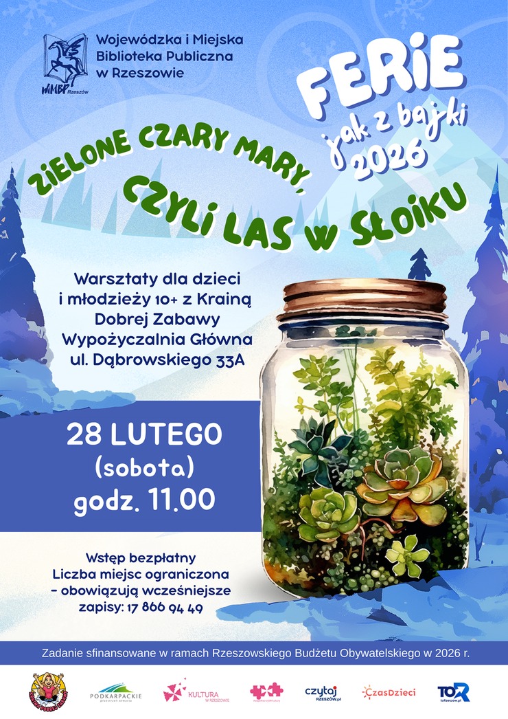 Słoik z&nbsp;roślinami w&nbsp;środku, w&nbsp;tle zimowy krajobraz.