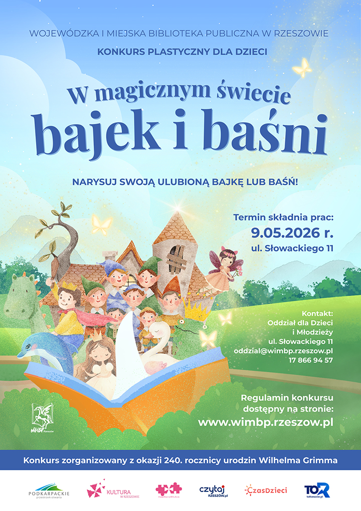 Bajkowe postacie przeglądają książkę, w&nbsp;tle zamek