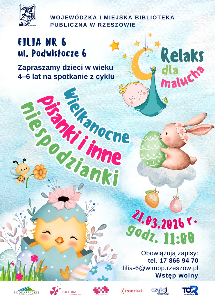 Na chmurce zając z&nbsp;pisanką, poniżej kurczak wykluwający się z&nbsp;jaja, kwiatki, trawa, pisanki