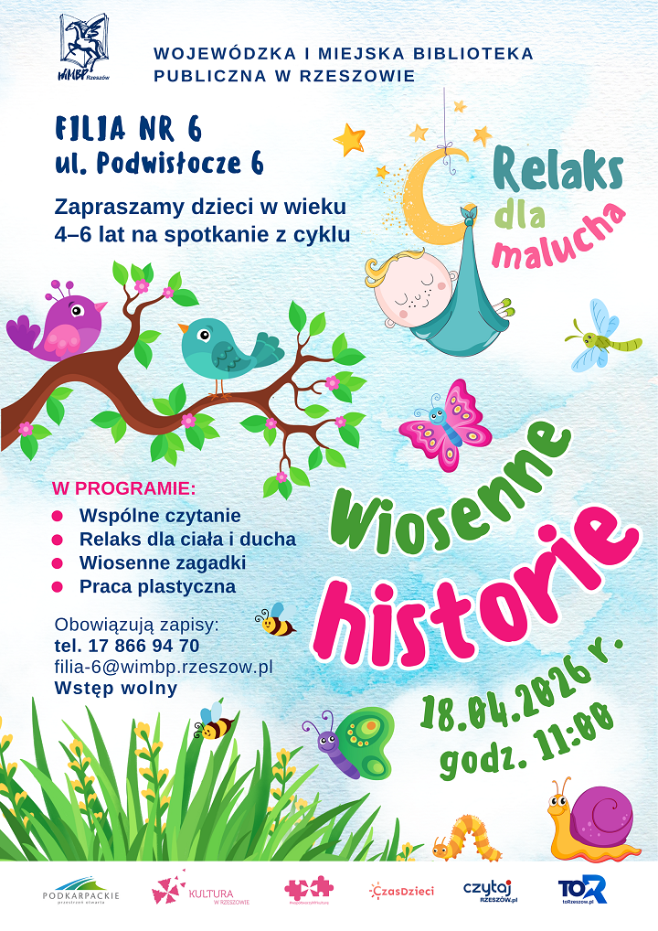 Plakat z&nbsp;wiosennyi motywami: ptaki na&nbsp;galęzi drzewa, motyl, trawa, owady i&nbsp;ślimak