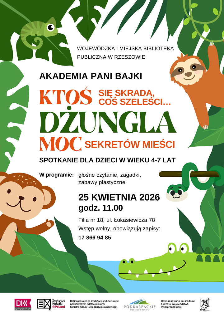 Plakat ze zwierzętami z&nbsp;dżungli: krokodylem, wężem, leniwcem, małpką i&nbsp;kameleonem