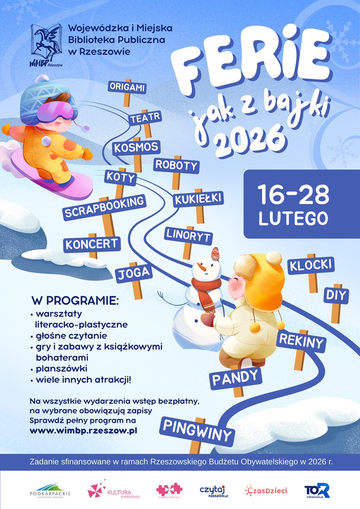 Dziecko zjeżdżające na&nbsp;snowboardzie, poniżej dziecko lepiące bałwana 