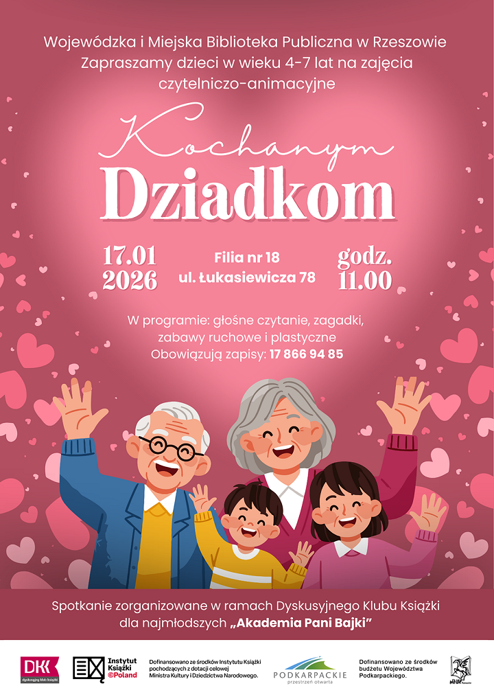 Plakat z&nbsp;uśmiechniętymi postaciami babci, dziadka i&nbsp;wnuk&oacute;w