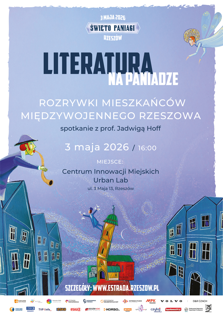 Widok na&nbsp;ulicę, po bokach budynki, na&nbsp;końcu ulicy budynek z&nbsp;przekrzywioną wieżą. Na wieży mężczyzna, z&nbsp;rozłożonymi rękami, wok&oacute;ł rąk latają gołębie.
