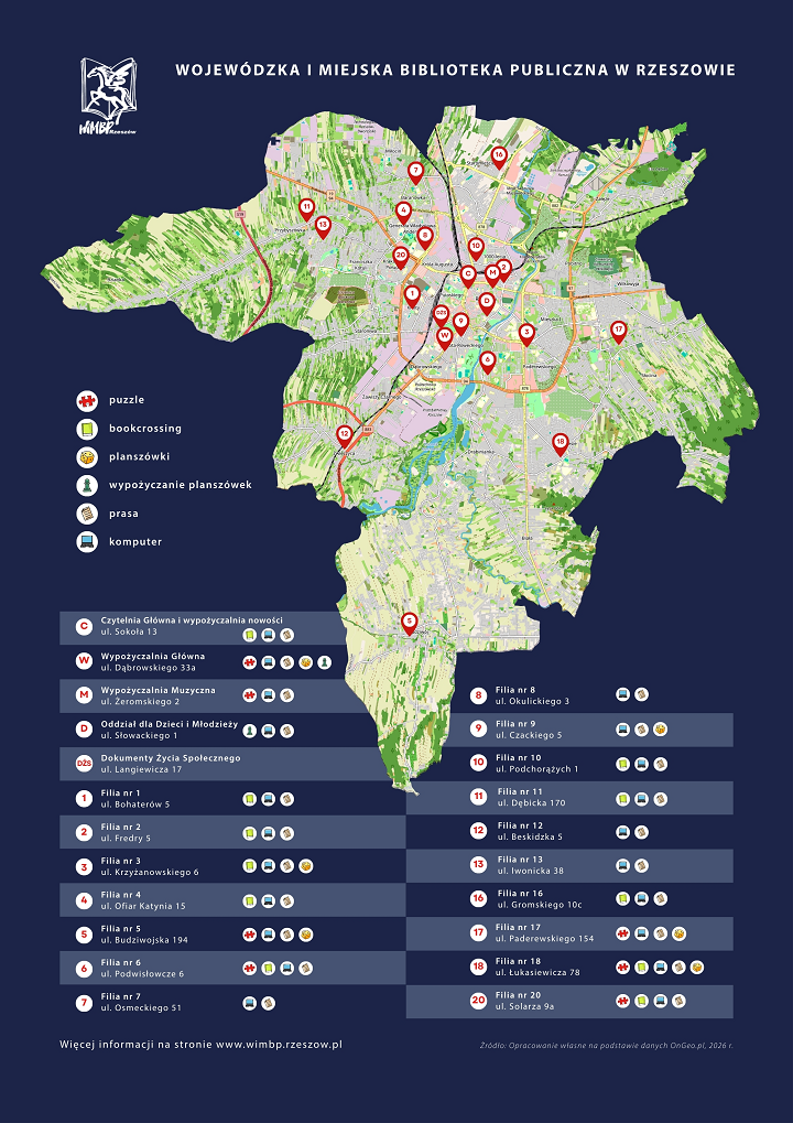 Plakat z&nbsp;mapą Rzeszowa, na&nbsp;kt&oacute;rej pinezkami zaznaczone są wszystkie filie biblioteczne i&nbsp;oferowane w&nbsp;nich usługi