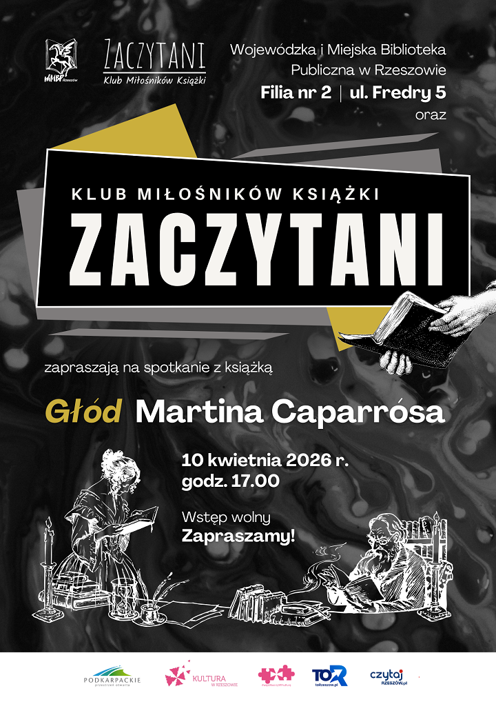 Plakat z&nbsp;rysunkowymi postaciami trzymającymi książki