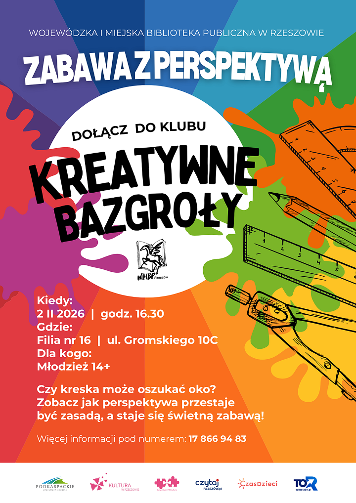 Plakat w&nbsp;tęczowych kolorach z&nbsp;przyborami do rysunku