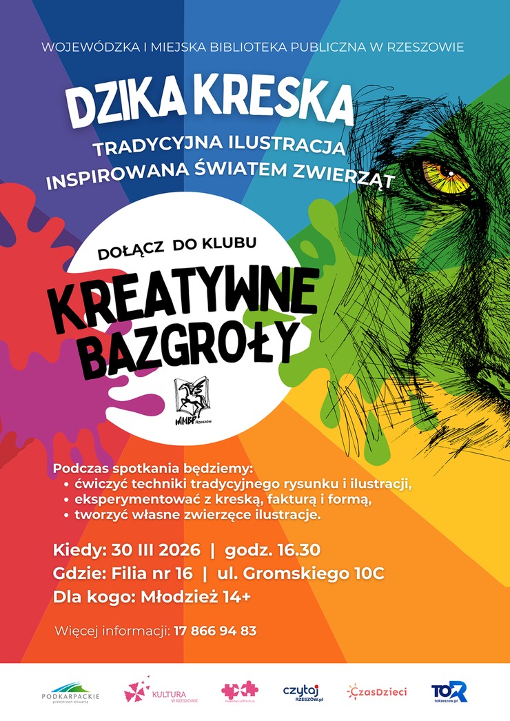 Plakat z&nbsp;kolorowymi kleksami, w&nbsp;tle szkic dzikiego kota